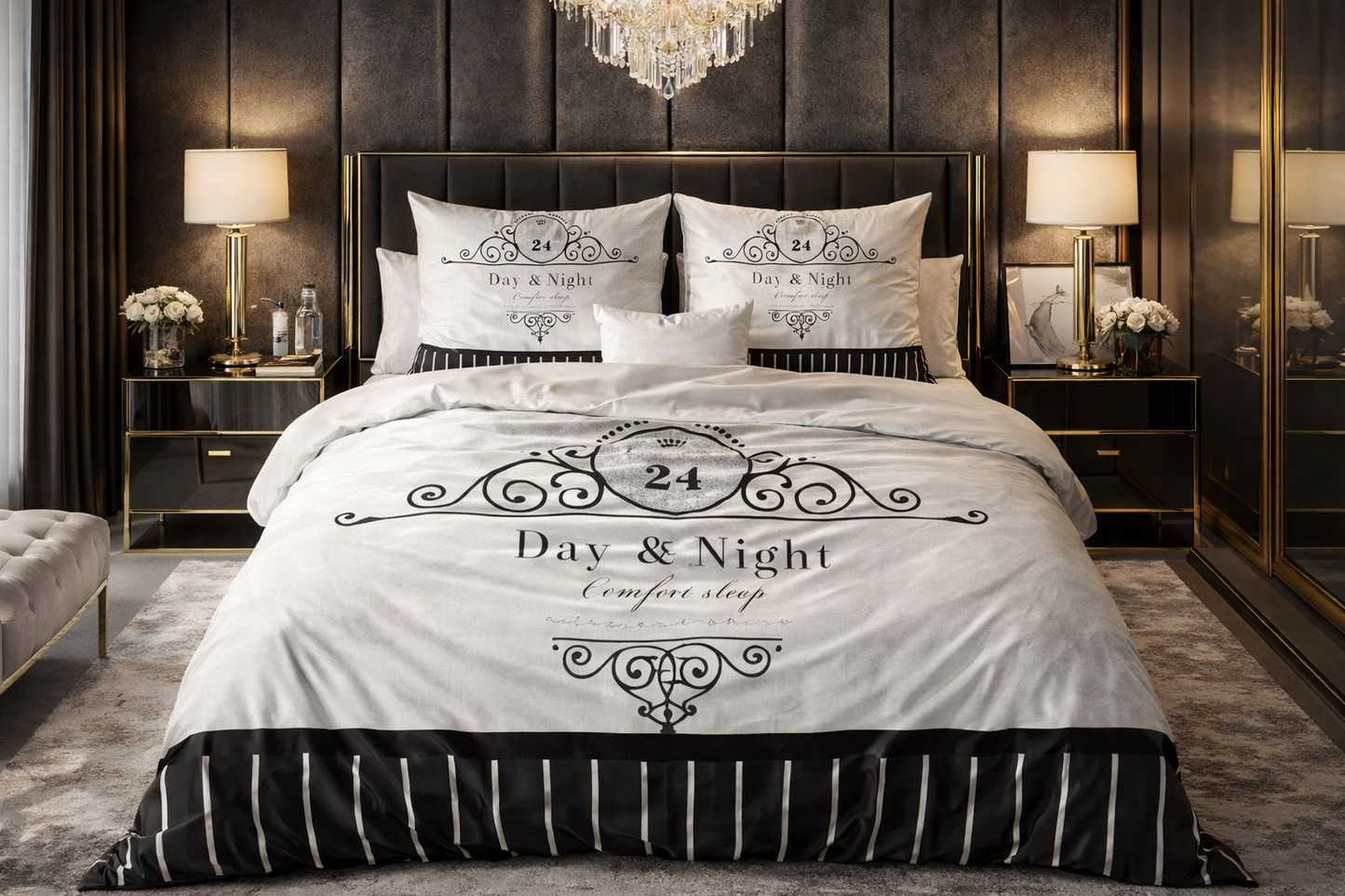 Lenjerie de pat Sleeptime, 1x husa pilota 200x200/220, 2x fete de perna 60x70, Microfibra 100%, Hipoalergenica, 90 GSM, model Essentials Day and Night Black, imprimeu Print Digital, culoare Alb