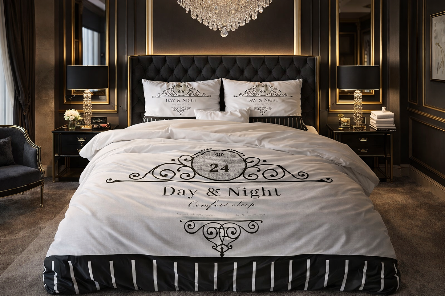 Lenjerie de pat Sleeptime, 1x husa pilota 200x200/220, 2x fete de perna 60x70, Microfibra 100%, Hipoalergenica, 90 GSM, model Essentials Day and Night Black, imprimeu Print Digital, culoare Alb