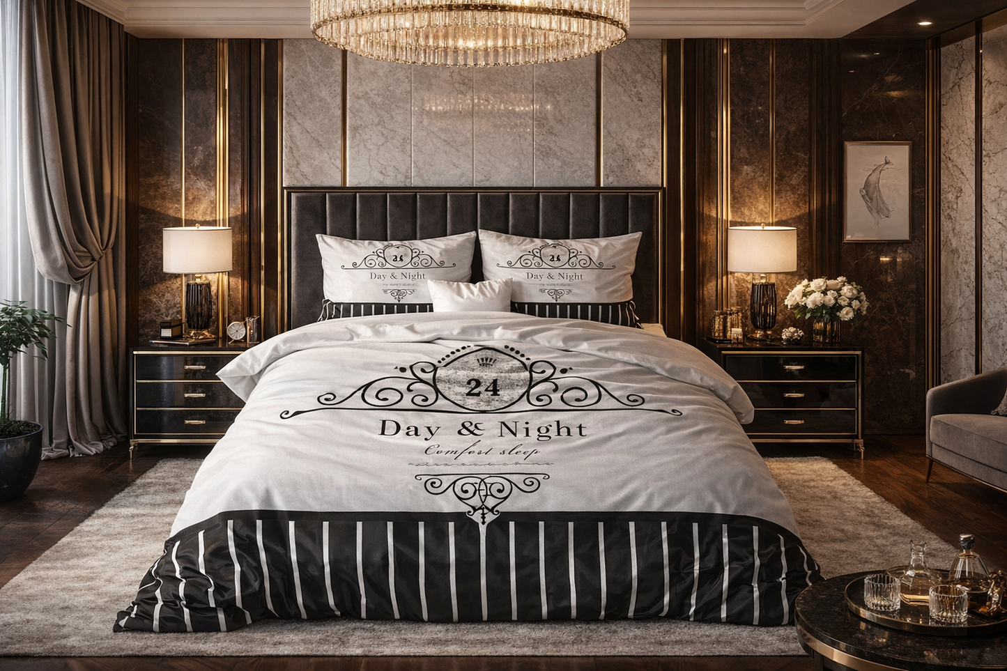 Lenjerie de pat Sleeptime, 1x husa pilota 200x200/220, 2x fete de perna 60x70, Microfibra 100%, Hipoalergenica, 90 GSM, model Essentials Day and Night Black, imprimeu Print Digital, culoare Alb