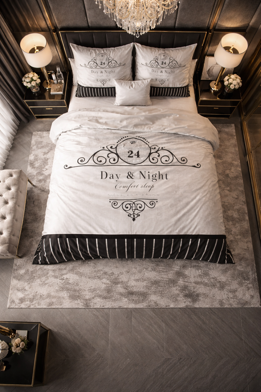 Lenjerie de pat Sleeptime, 1x husa pilota 200x200/220, 2x fete de perna 60x70, Microfibra 100%, Hipoalergenica, 90 GSM, model Essentials Day and Night Black, imprimeu Print Digital, culoare Alb