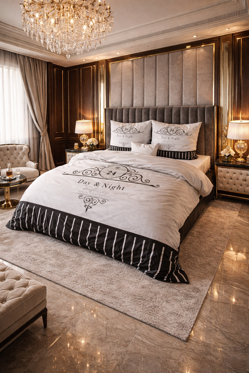 Lenjerie de pat Sleeptime, 1x husa pilota 200x200/220, 2x fete de perna 60x70, Microfibra 100%, Hipoalergenica, 90 GSM, model Essentials Day and Night Black, imprimeu Print Digital, culoare Alb