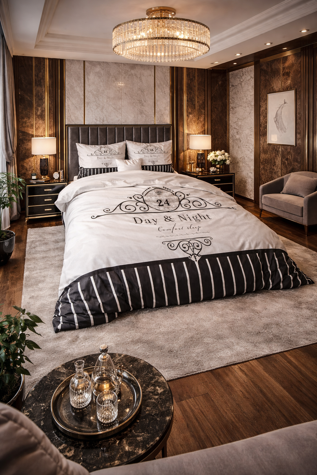 Lenjerie de pat Sleeptime, 1x husa pilota 200x200/220, 2x fete de perna 60x70, Microfibra 100%, Hipoalergenica, 90 GSM, model Essentials Day and Night Black, imprimeu Print Digital, culoare Alb