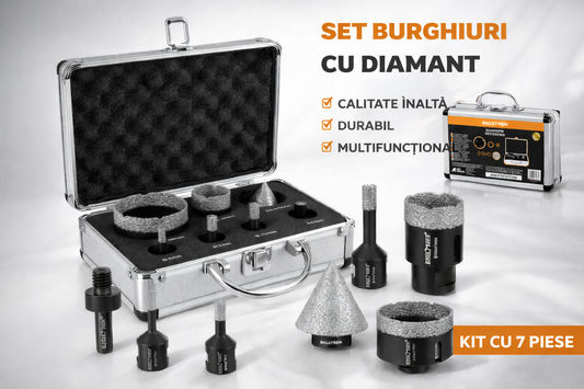 Set 6 carote diamantate si adaptor, NewTech, diferite dimensiuni 6, 8, 10, 35, 68 mm, freza conica 2-50 mm, filet M14, pentru materiale dure, valiza depozitare, otel mangan