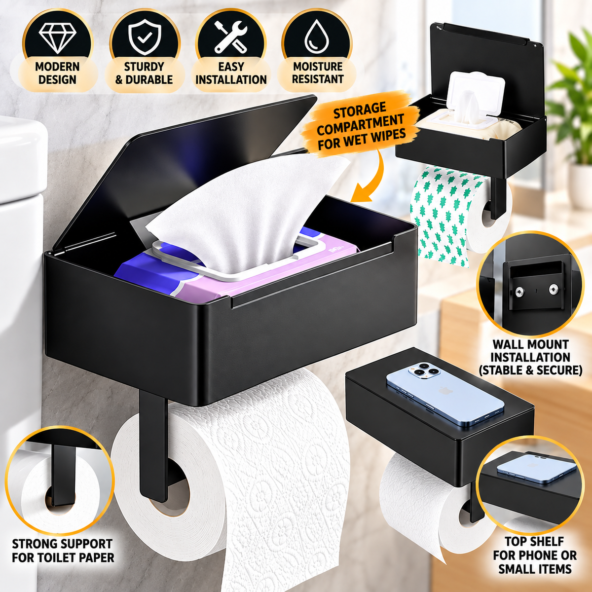 Suport Hartie Igienica NewTech 3 in 1, cu Raft si Cutie Servetele Umede, Inox, Autoadeziv, Negru