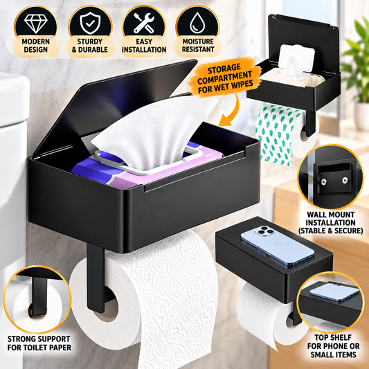 Suport Hartie Igienica NewTech 3 in 1, cu Raft si Cutie Servetele Umede, Inox, Autoadeziv, Negru