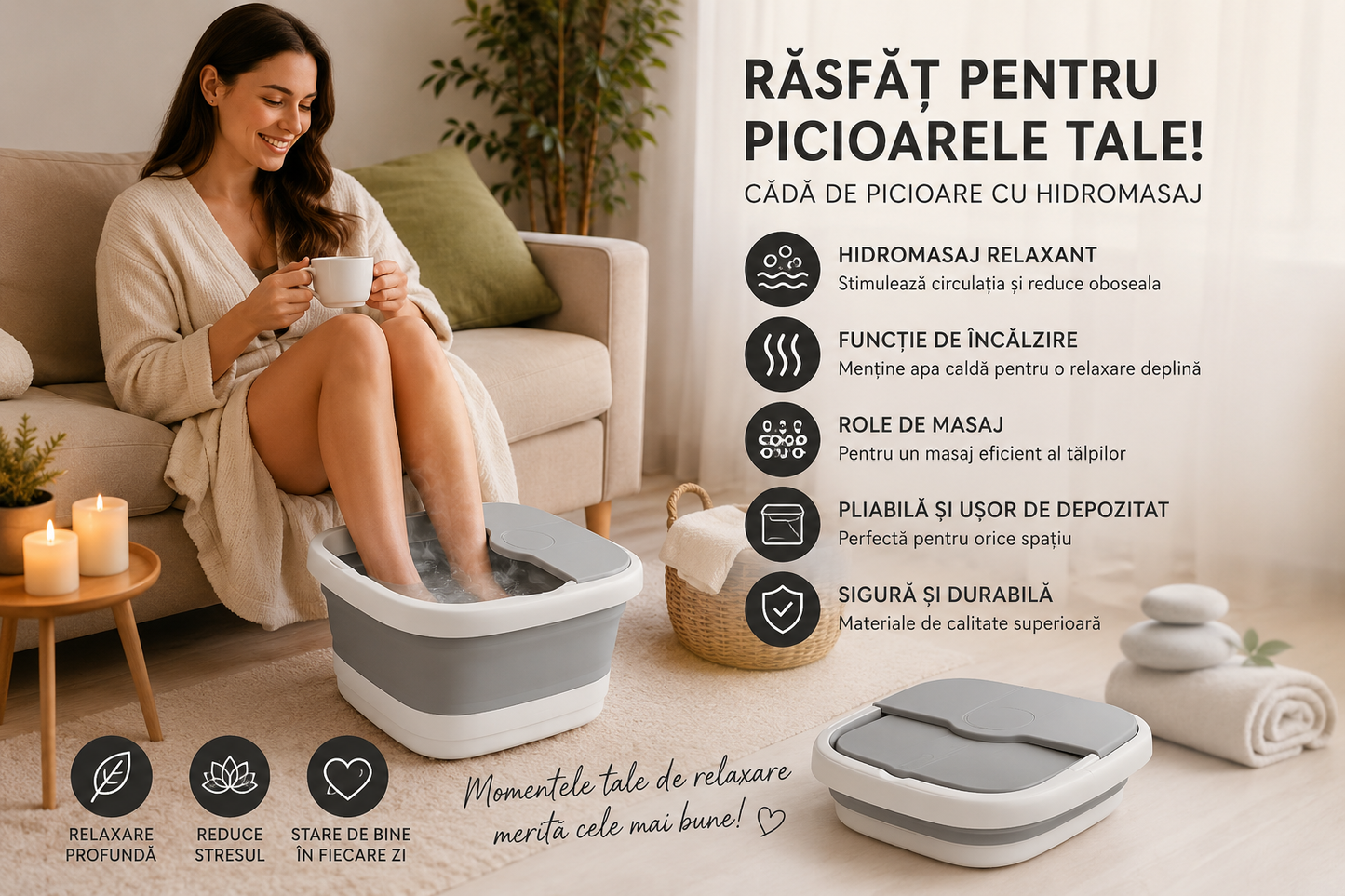 Cada de Masaj pentru Picioare Pliabila, 15L, Incalzire, Bule si Role, 2 Zone, Gri