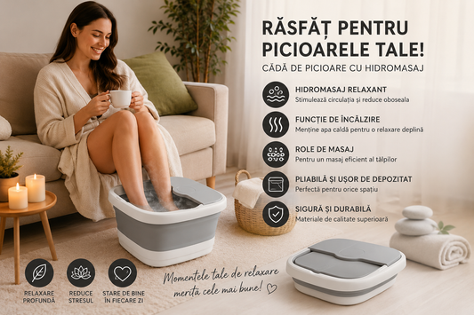Cada de Masaj pentru Picioare Pliabila, 15L, Incalzire, Bule si Role, 2 Zone, Gri