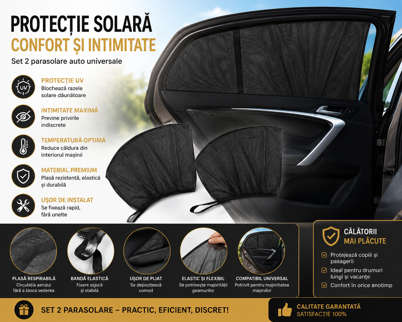 Parasolar Auto Universal Geam Spate 2 Buc, Protectie UV Copii si Bebelusi, 80x60 cm, Negru