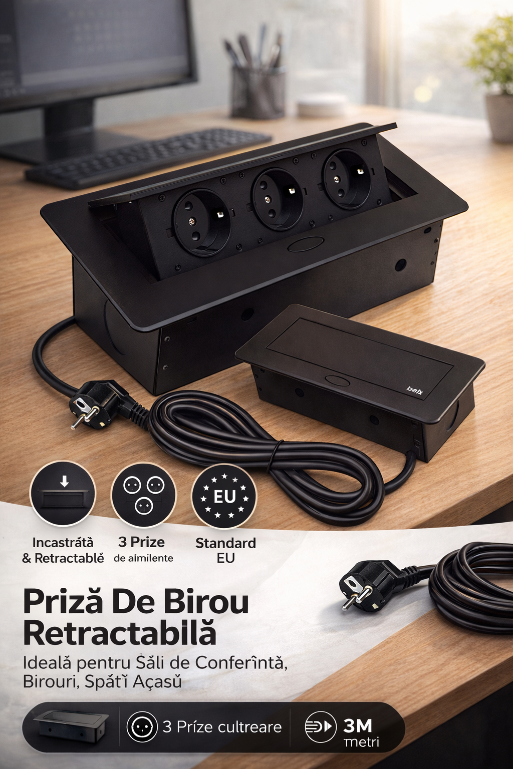 Priza incastrabila IZOXIS, 3 prize Schuko, negru, 1.9m