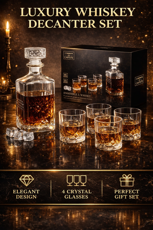 Set decantor si pahare pentru Whisky, 4 pahare 200 ml, Decantor 940 ml, sticla transparenta, stil modern