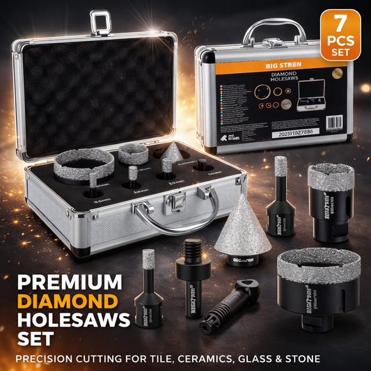 Set 7 piese, 1x adaptor pentru bormasina, 1x freza conica diamantata 2-50 mm, 5x carote diamantate 6 8 10 35 68 mm, filet M14, pentru gresie portelanata beton placi marmura granit piatra