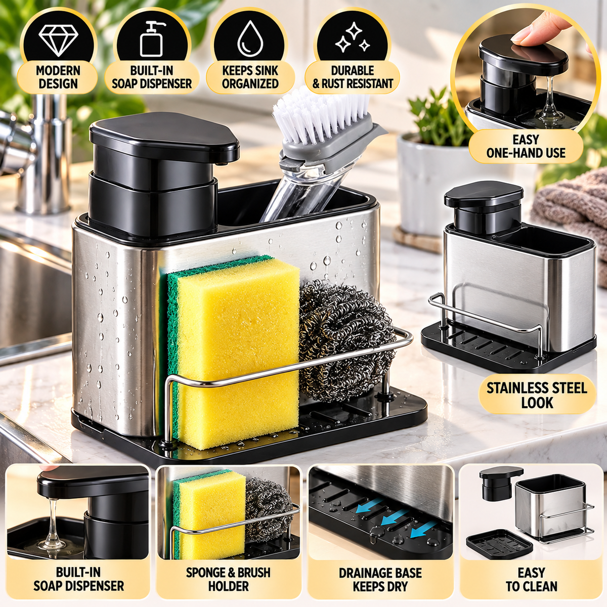Organizator Bucatarie NewTech cu Dispenser Detergent, Suport Burete, 2 Compartimente, Argintiu Negru