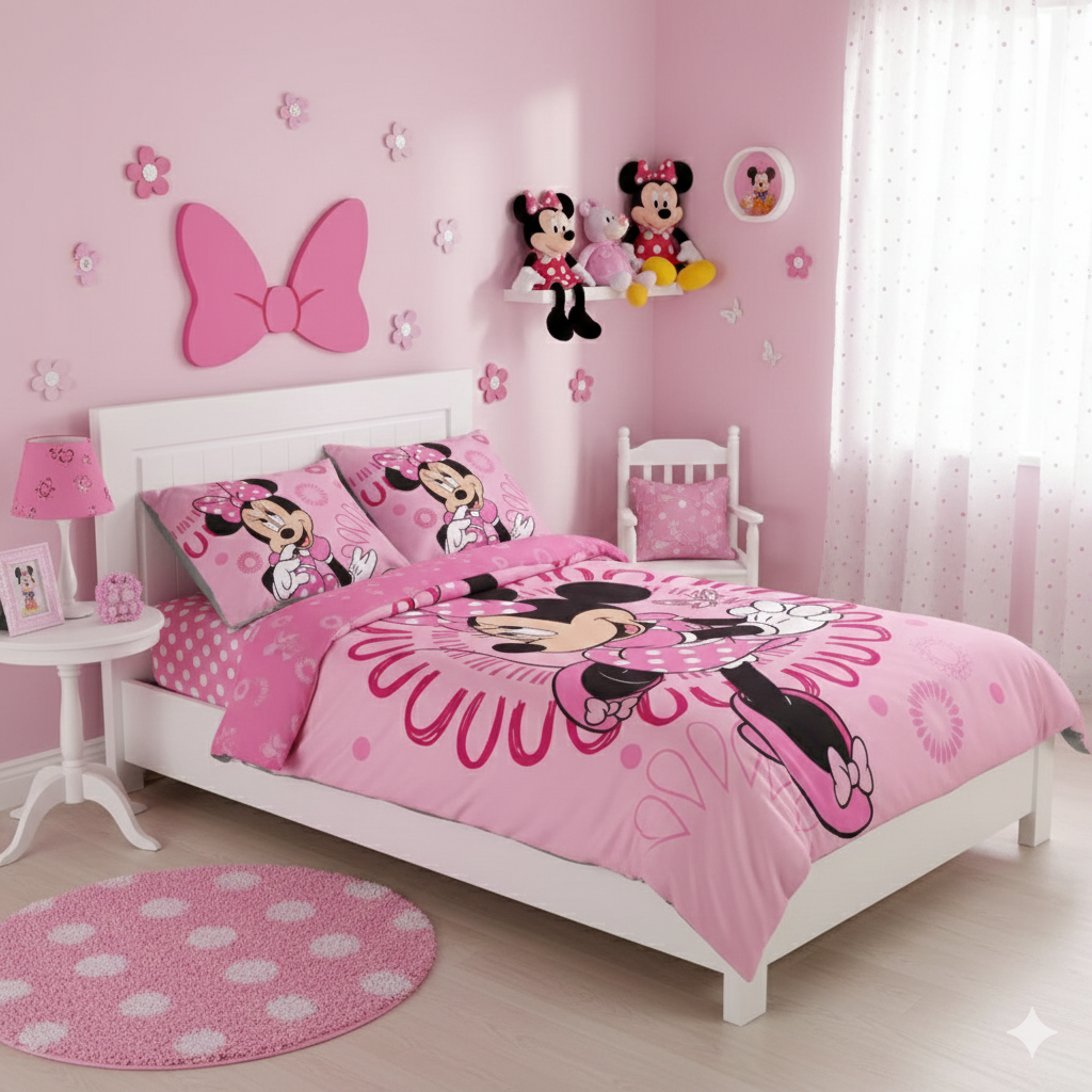 Lenjerie de pat Javoli, 1x husa pilota 140x200, 1x fete de perna 70x90, Bumbac 100%, Hipoalergenica, model Disney Minnie Sightly, culoare Multicolor
