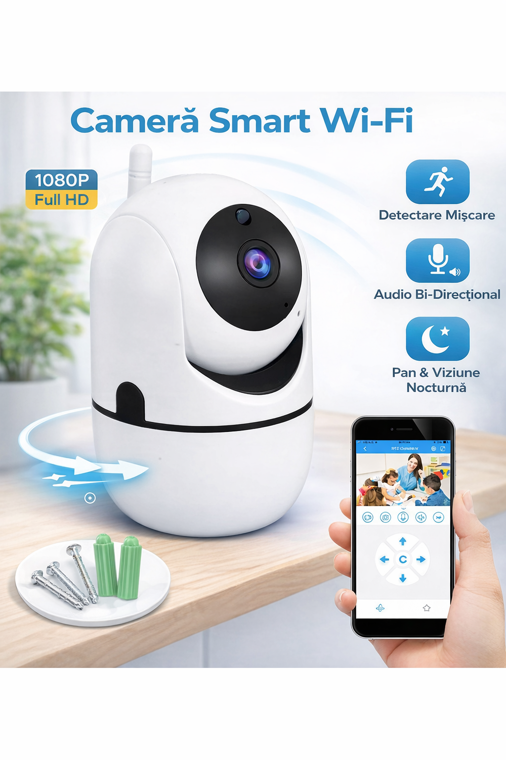 Baby monitor Wifi 2 in 1 Multi View Nighit Vision, Aplicatie Telefon, HD Rotativa 355°, Monitorizare Video / Audio Bebelusi, Vedere Nocturna Color, Senzor si Alarma Miscare, Sunet Bidirectional