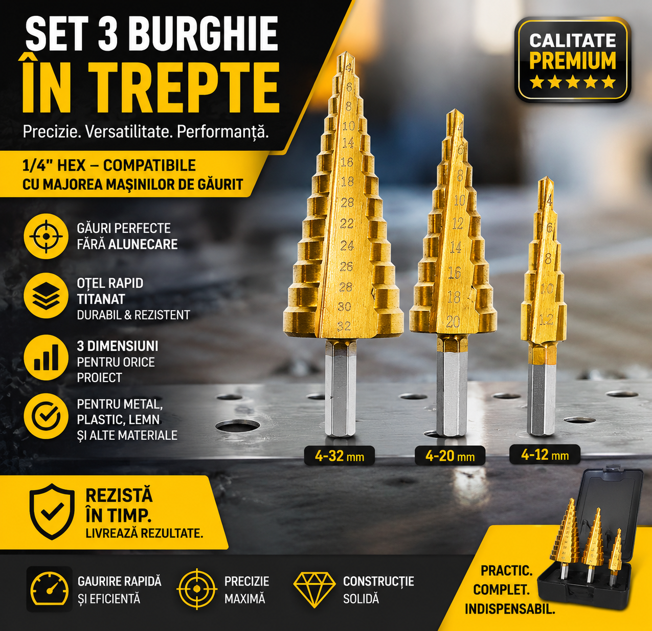 Set 3 freze conice titan cu geanta, 4-12/20/32 mm, metal, lemn, plastic, auriu