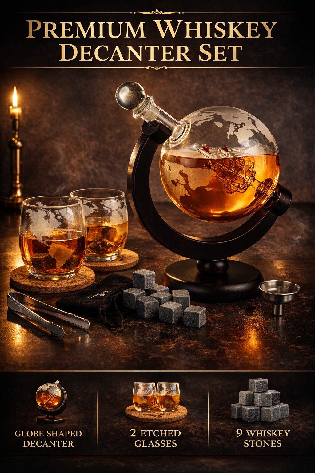 Set Decantor Whiskey Glob Pamantesc NEWTECH, 1X Carafa din Sticla 850 ml, 2X Pahare, 2X Suporturi pentru Pahare, Dop, 9 Cuburi pentru Racire cu Saculet, Cleste si Palnie, pentru Whisky, Scotch, Coniac, Bourbon, Ideal Cadou, Transparent