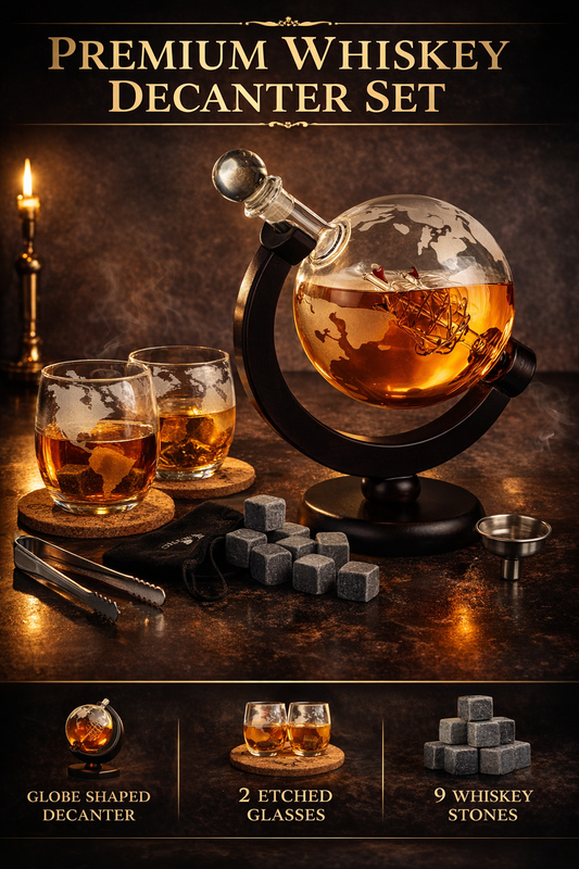 Set Decantor Whiskey Glob Pamantesc NEWTECH, 1X Carafa din Sticla 850 ml, 2X Pahare, 2X Suporturi pentru Pahare, Dop, 9 Cuburi pentru Racire cu Saculet, Cleste si Palnie, pentru Whisky, Scotch, Coniac, Bourbon, Ideal Cadou, Transparent