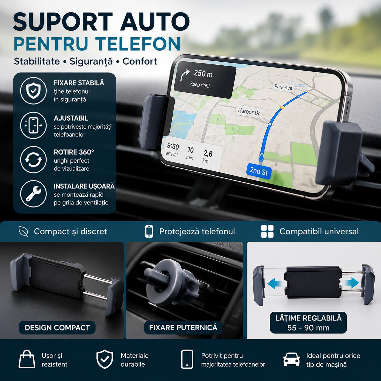 Tekmee Suport Telefon Auto pentru Grila Ventilatie, Prindere Universala, Deschidere 12 cm