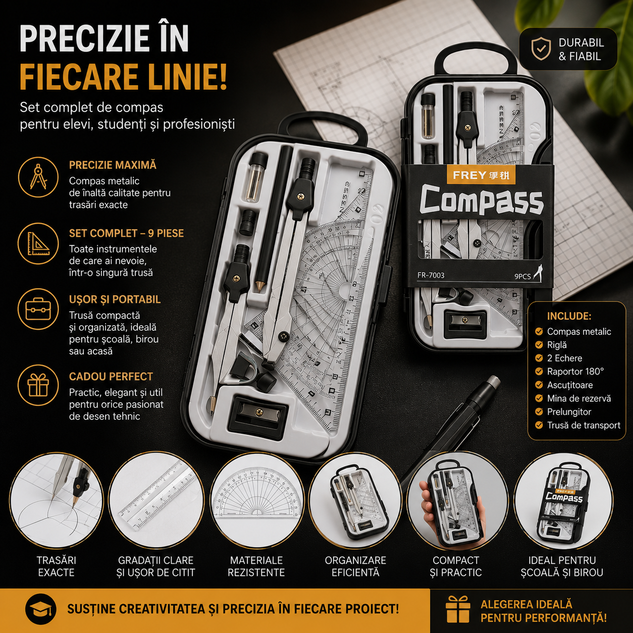 Set Geometrie 9 Piese cu 2 Compasuri, Rigla, Echer, Raportor si Cutie pentru Scoala
