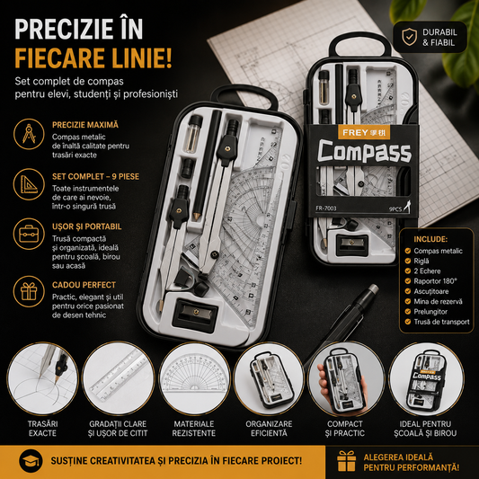 Set Geometrie 9 Piese cu 2 Compasuri, Rigla, Echer, Raportor si Cutie pentru Scoala