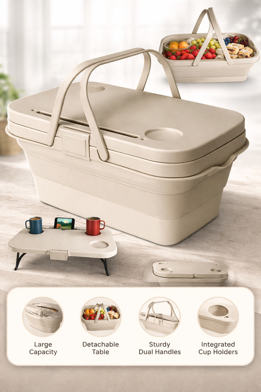 Cos picnic pliabil 3 in 1, 2 persoane, masa cu capac, impermeabil, recipient 15L 47x30x14 cm