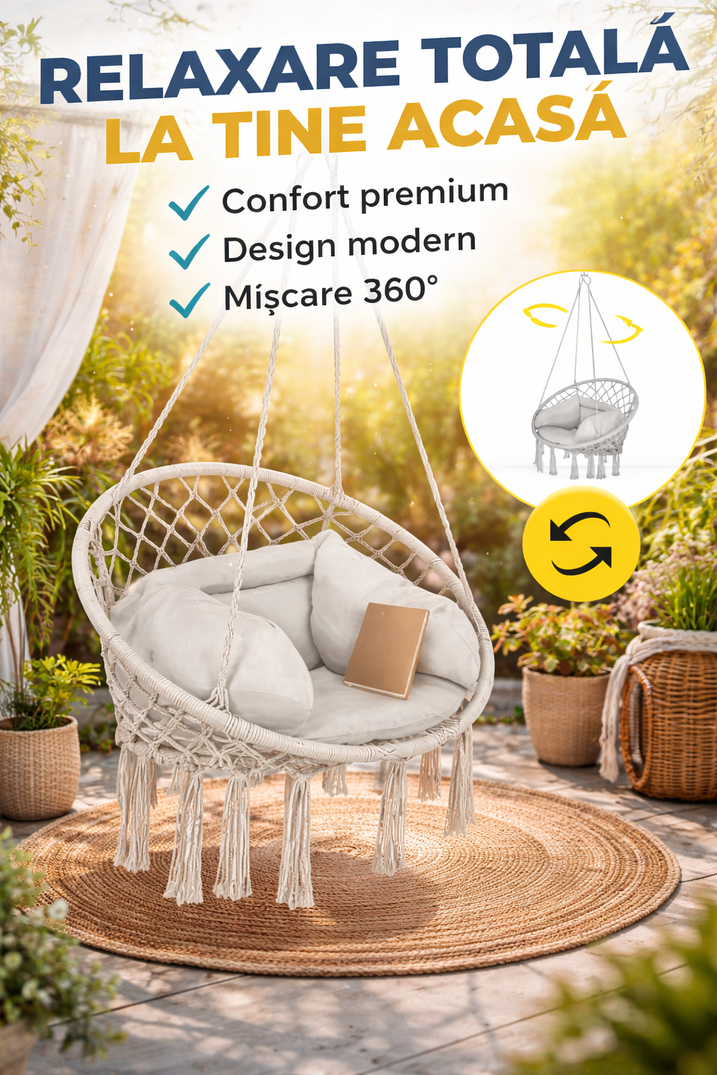 Leagan suspendat BOHO cu perna, fotoliu cu franjuri, gri 80x60x140 cm