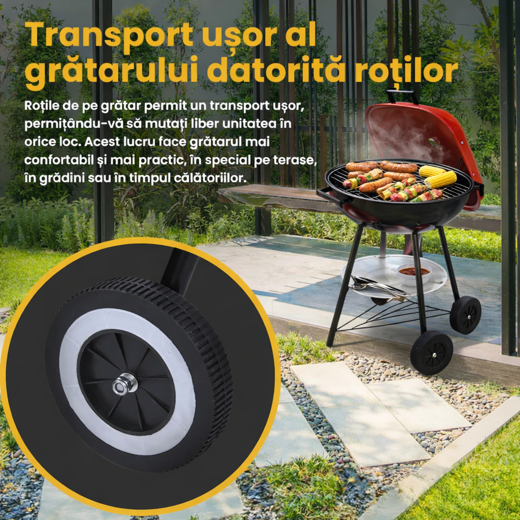 Gratar carbuni cu capac si roti, 50x40 cm, aerisire reglabila, raft, otel, negru/rosu