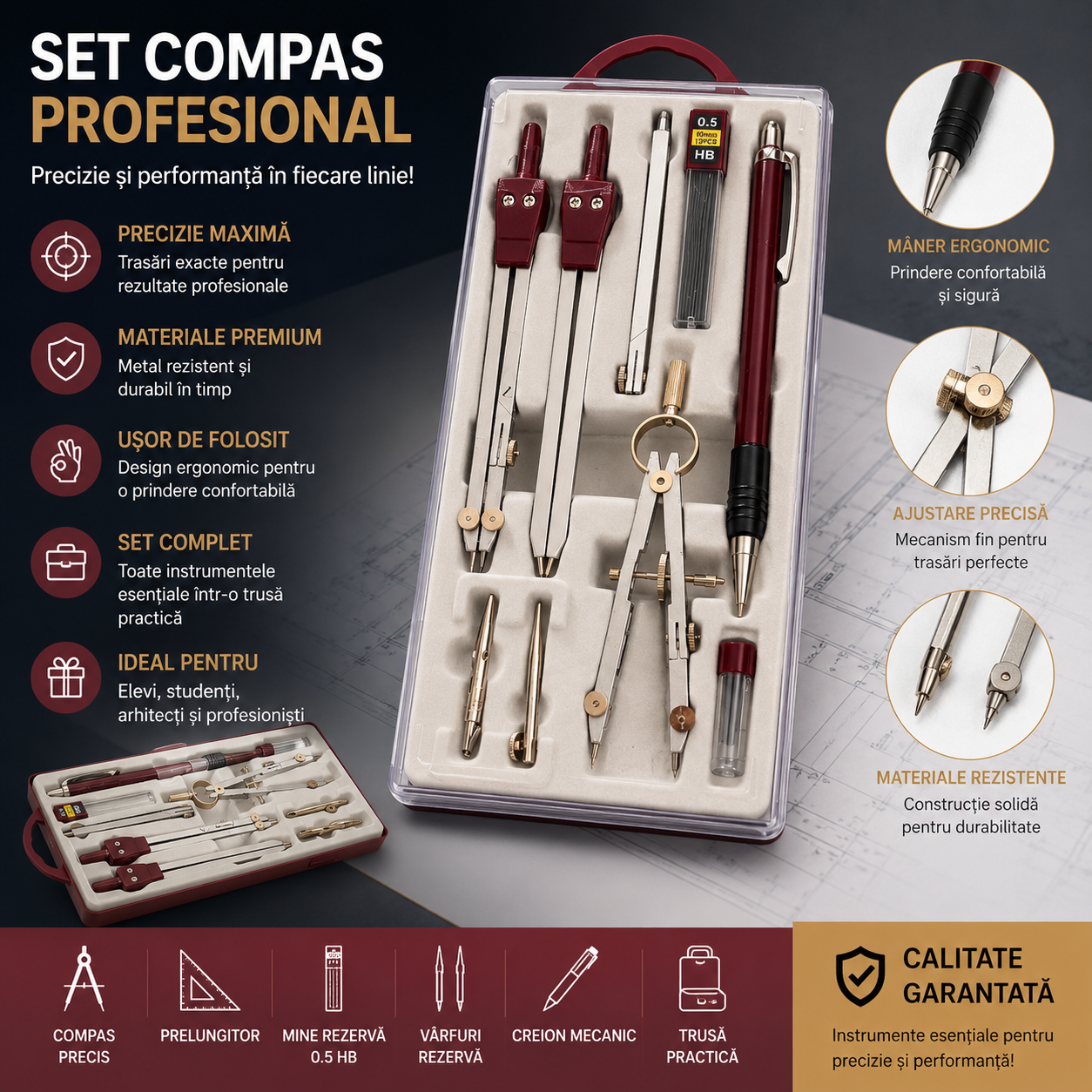Set Geometrie 9 Piese cu Compas, Creion Mecanic, Mine Rezerva si Cutie pentru Scoala
