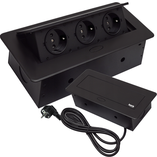 Priza Incorporabila in mobilier, ATOMKIT, 3 Prize Schuko, Conductori de cupru, Material de Aluminiu, Calitate Superioara, Cablu Alimentare 1.8 m, 26.6 cm, 11.8 cm, Negru