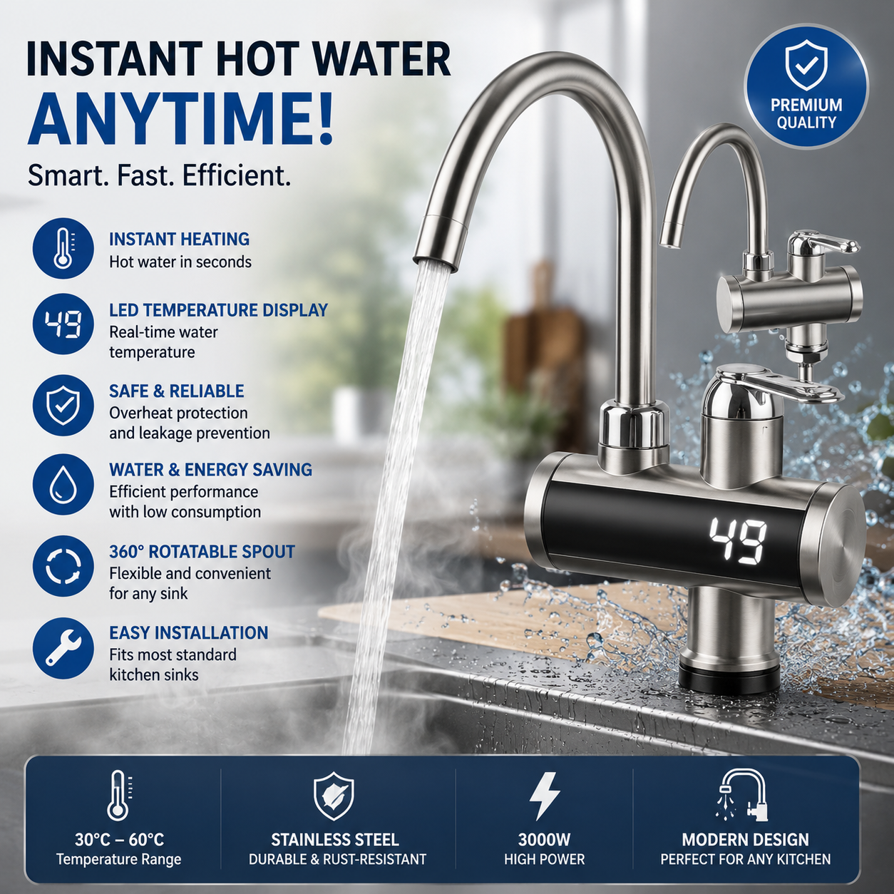 Robinet Electric Instant Apa Calda 3000W cu Afisaj LED, Inox Flexibil, IPX4, 30-60°C, Argintiu