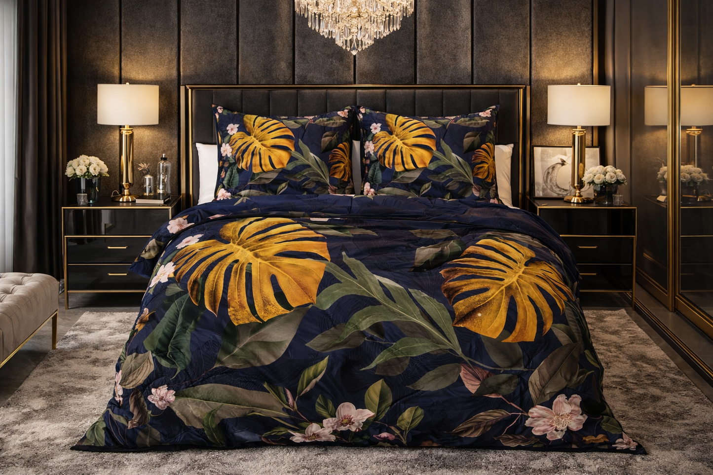 Lenjerie de pat Dreamhouse, 1x husa pilota 140x200/220, 1x fete de perna 60x70, Bumbac 100%, Hipoalergenica, 144T, model Nature Dark Green, imprimeu Print Digital, culoare Multicolor