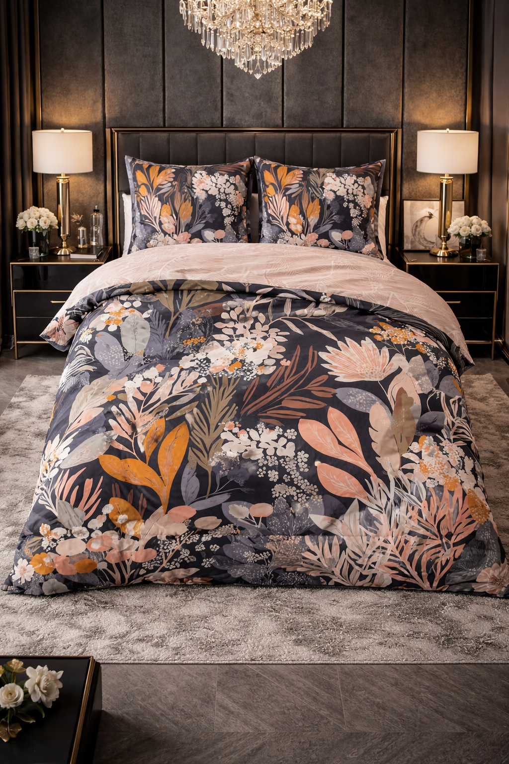 Lenjerie de pat Dreamhouse, 1x husa pilota 140x200/220, 1x fete de perna 60x70, Bumbac 100%, Hipoalergenica, 144T, model Nature Mystical Garden Black, imprimeu Print Digital, culoare Multicolor