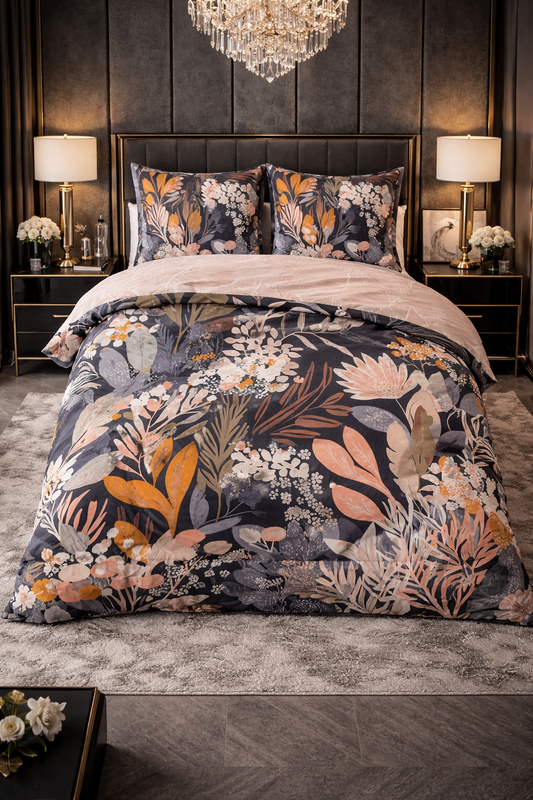 Lenjerie de pat Dreamhouse, 1x husa pilota 140x200/220, 1x fete de perna 60x70, Bumbac 100%, Hipoalergenica, 144T, model Nature Mystical Garden Black, imprimeu Print Digital, culoare Multicolor