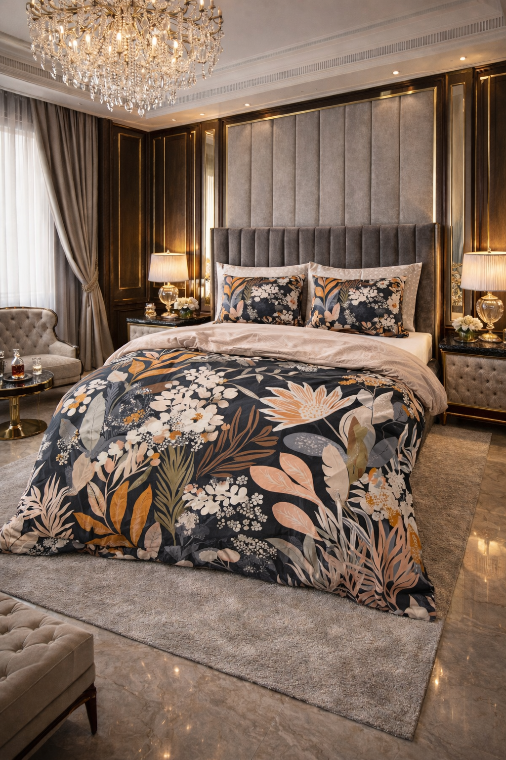 Lenjerie de pat Dreamhouse, 1x husa pilota 140x200/220, 1x fete de perna 60x70, Bumbac 100%, Hipoalergenica, 144T, model Nature Mystical Garden Black, imprimeu Print Digital, culoare Multicolor