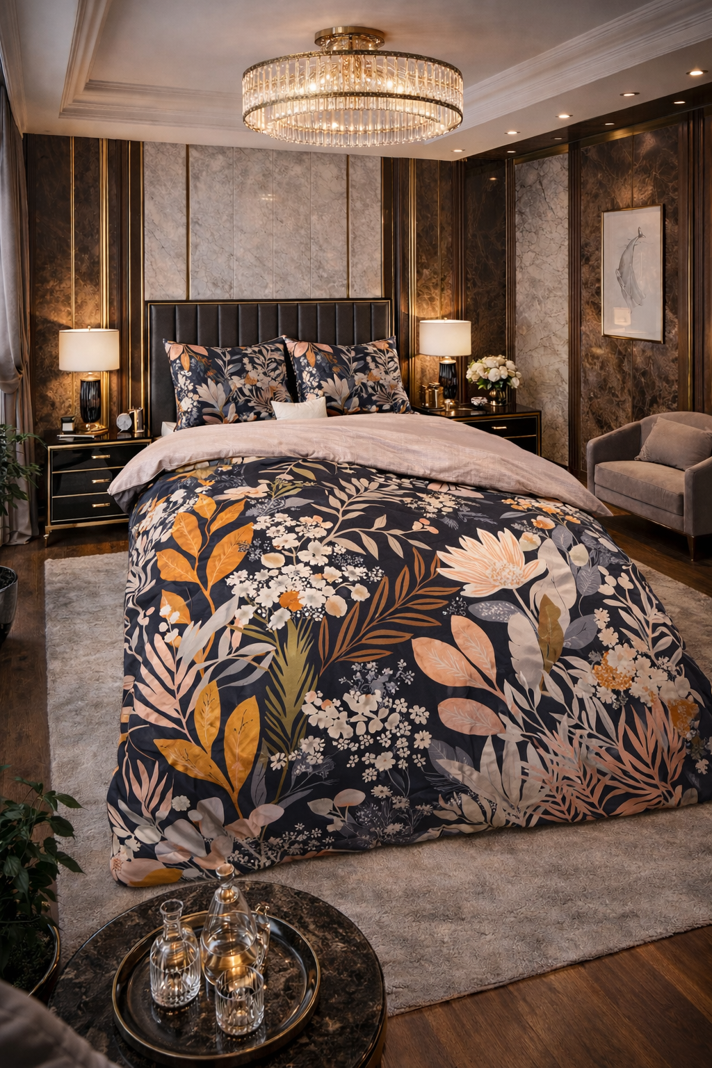 Lenjerie de pat Dreamhouse, 1x husa pilota 140x200/220, 1x fete de perna 60x70, Bumbac 100%, Hipoalergenica, 144T, model Nature Mystical Garden Black, imprimeu Print Digital, culoare Multicolor