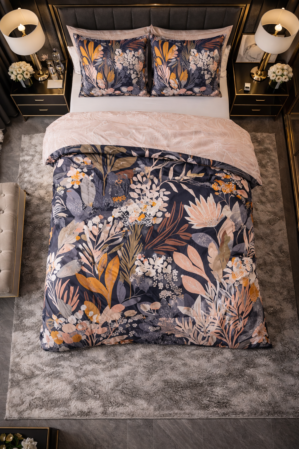 Lenjerie de pat Dreamhouse, 1x husa pilota 140x200/220, 1x fete de perna 60x70, Bumbac 100%, Hipoalergenica, 144T, model Nature Mystical Garden Black, imprimeu Print Digital, culoare Multicolor