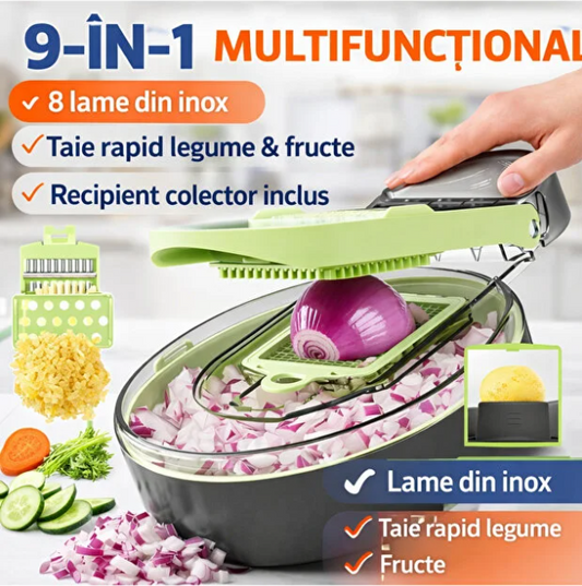 Feliator Multifunctional 9-in-1, 30x20x10 cm, 8 lame interschimbabile, Plastic si Otel, baza Anti-alunecare, 5 tipuri taiere