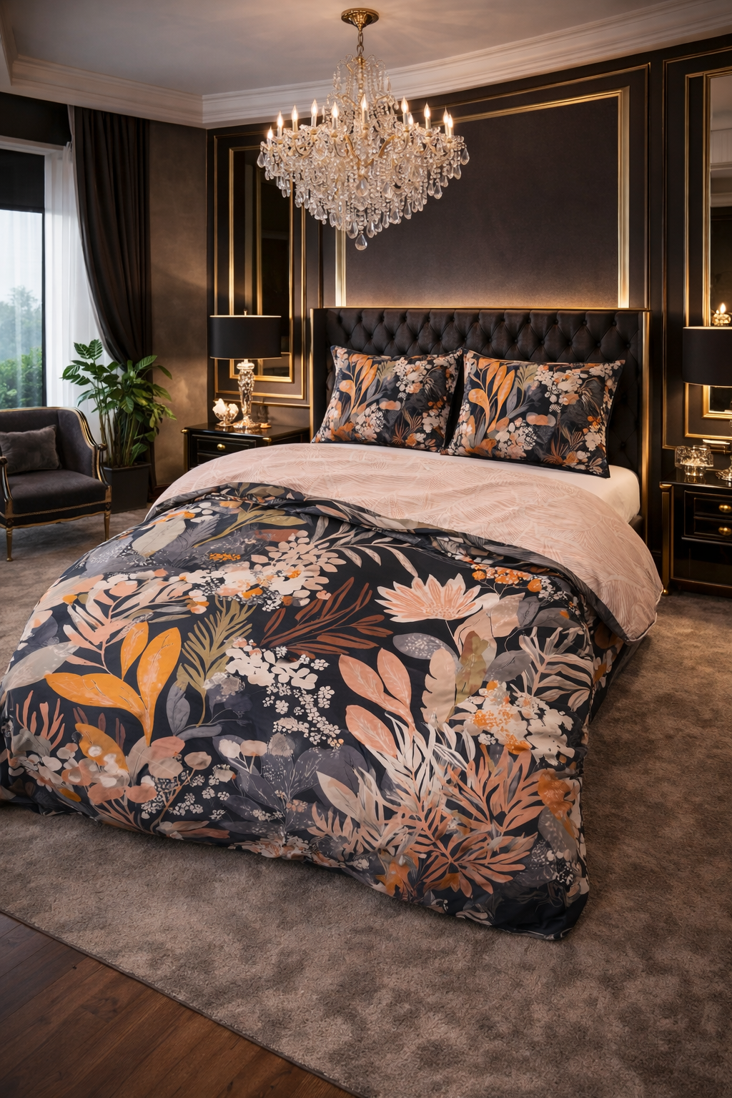 Lenjerie de pat Dreamhouse, 1x husa pilota 140x200/220, 1x fete de perna 60x70, Bumbac 100%, Hipoalergenica, 144T, model Nature Mystical Garden Black, imprimeu Print Digital, culoare Multicolor