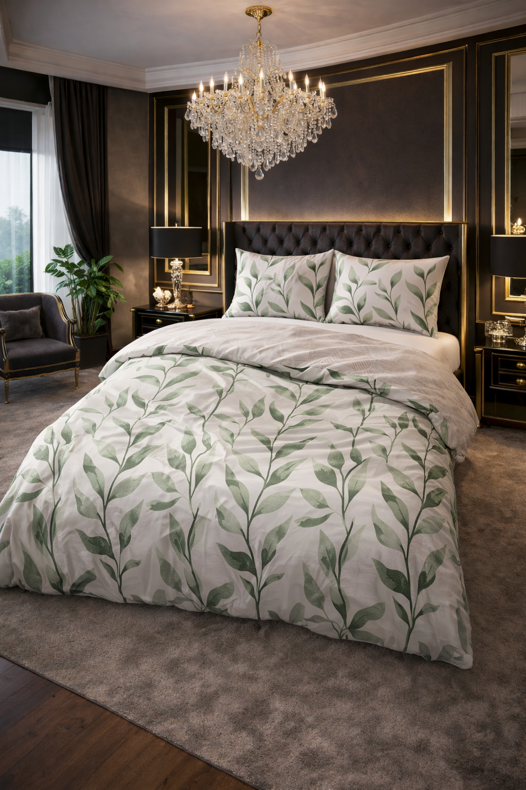 Lenjerie de pat Sleeptime, 1x husa pilota 140x200/220, 1x fete de perna 60x70, Bumbac 100%, Hipoalergenica, 128T, model Pure Urban Greenhouse Green, imprimeu Print Digital, culoare Verde