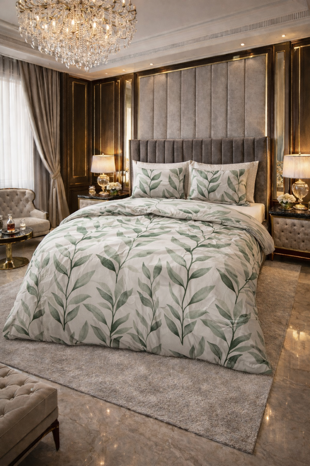 Lenjerie de pat Sleeptime, 1x husa pilota 140x200/220, 1x fete de perna 60x70, Bumbac 100%, Hipoalergenica, 128T, model Pure Urban Greenhouse Green, imprimeu Print Digital, culoare Verde