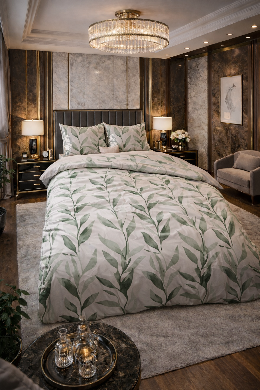 Lenjerie de pat Sleeptime, 1x husa pilota 140x200/220, 1x fete de perna 60x70, Bumbac 100%, Hipoalergenica, 128T, model Pure Urban Greenhouse Green, imprimeu Print Digital, culoare Verde