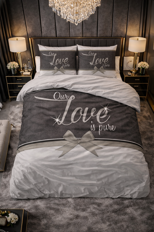 Lenjerie de pat Sleeptime, 1x husa pilota 200x200/220, 2x fete de perna 60x70, Microfibra 100%, Hipoalergenica, 90 GSM, model Essentials Pure Love White, imprimeu Print Digital, culoare Gri