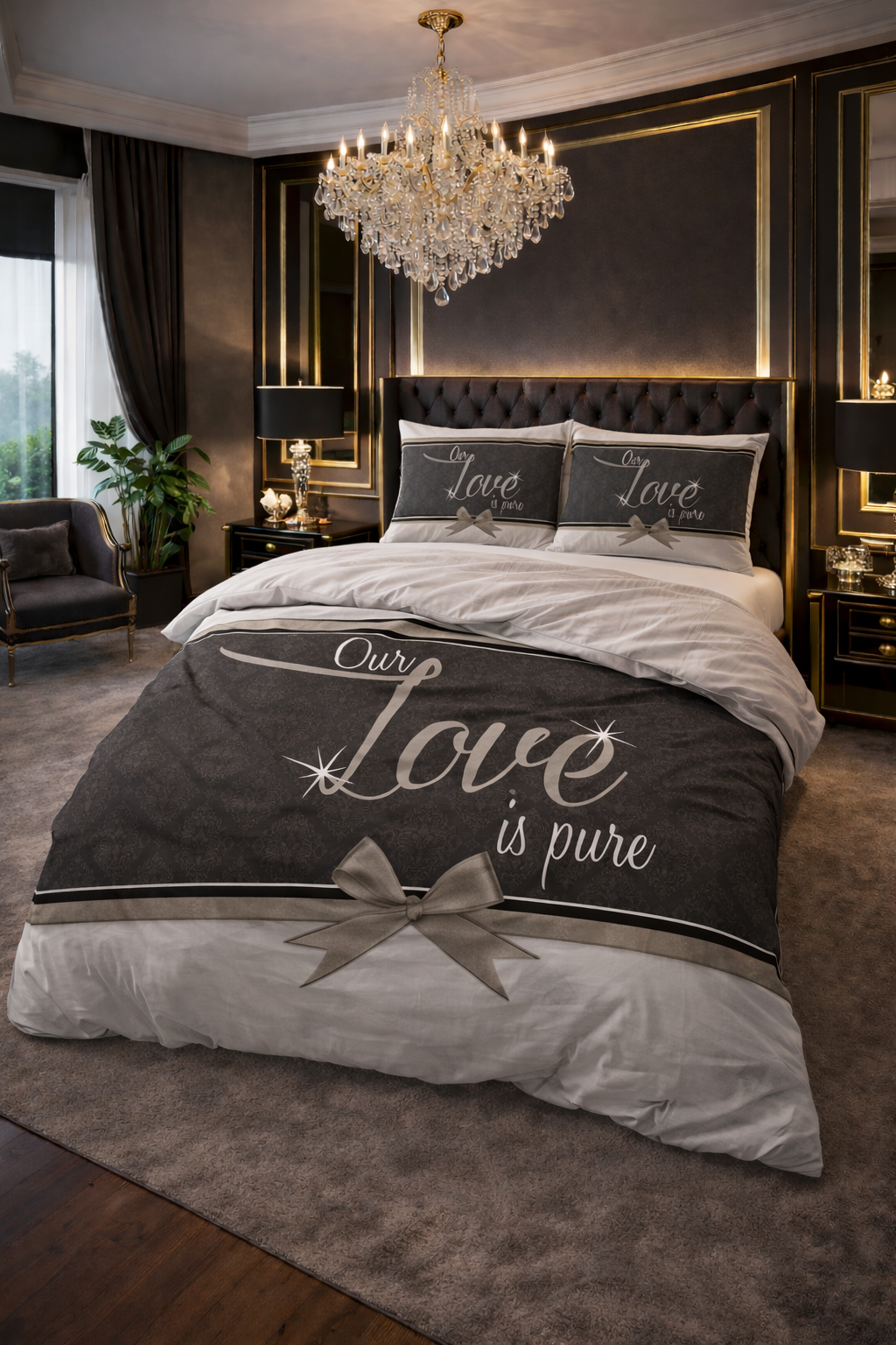 Lenjerie de pat Sleeptime, 1x husa pilota 200x200/220, 2x fete de perna 60x70, Microfibra 100%, Hipoalergenica, 90 GSM, model Essentials Pure Love White, imprimeu Print Digital, culoare Gri