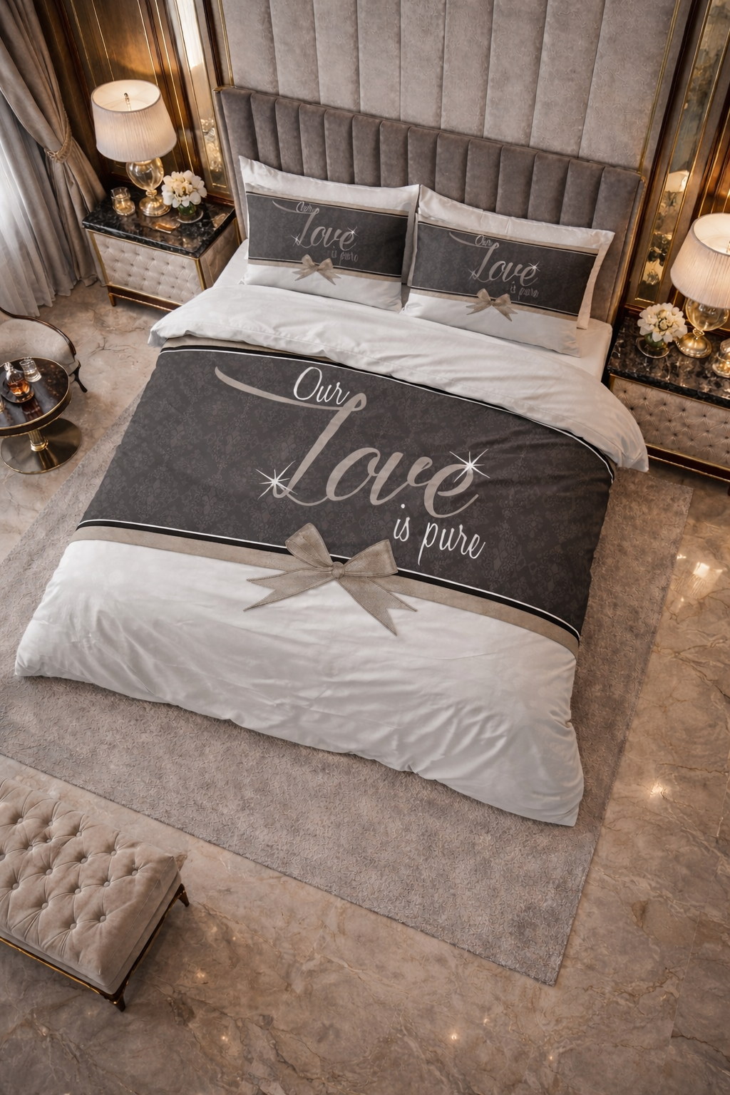 Lenjerie de pat Sleeptime, 1x husa pilota 140x200/220, 1x fete de perna 60x70, Microfibra 100%, Hipoalergenica, 90 GSM, model Pure Love White, imprimeu Digital, culoare Gri