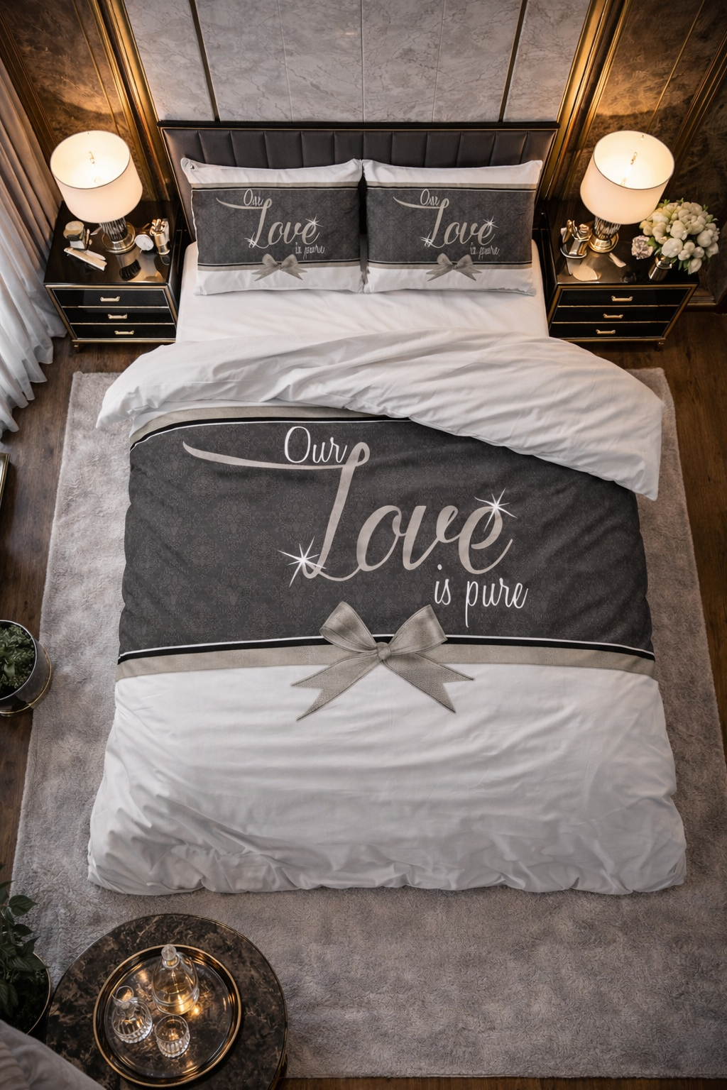 Lenjerie de pat Sleeptime, 1x husa pilota 140x200/220, 1x fete de perna 60x70, Microfibra 100%, Hipoalergenica, 90 GSM, model Pure Love White, imprimeu Digital, culoare Gri