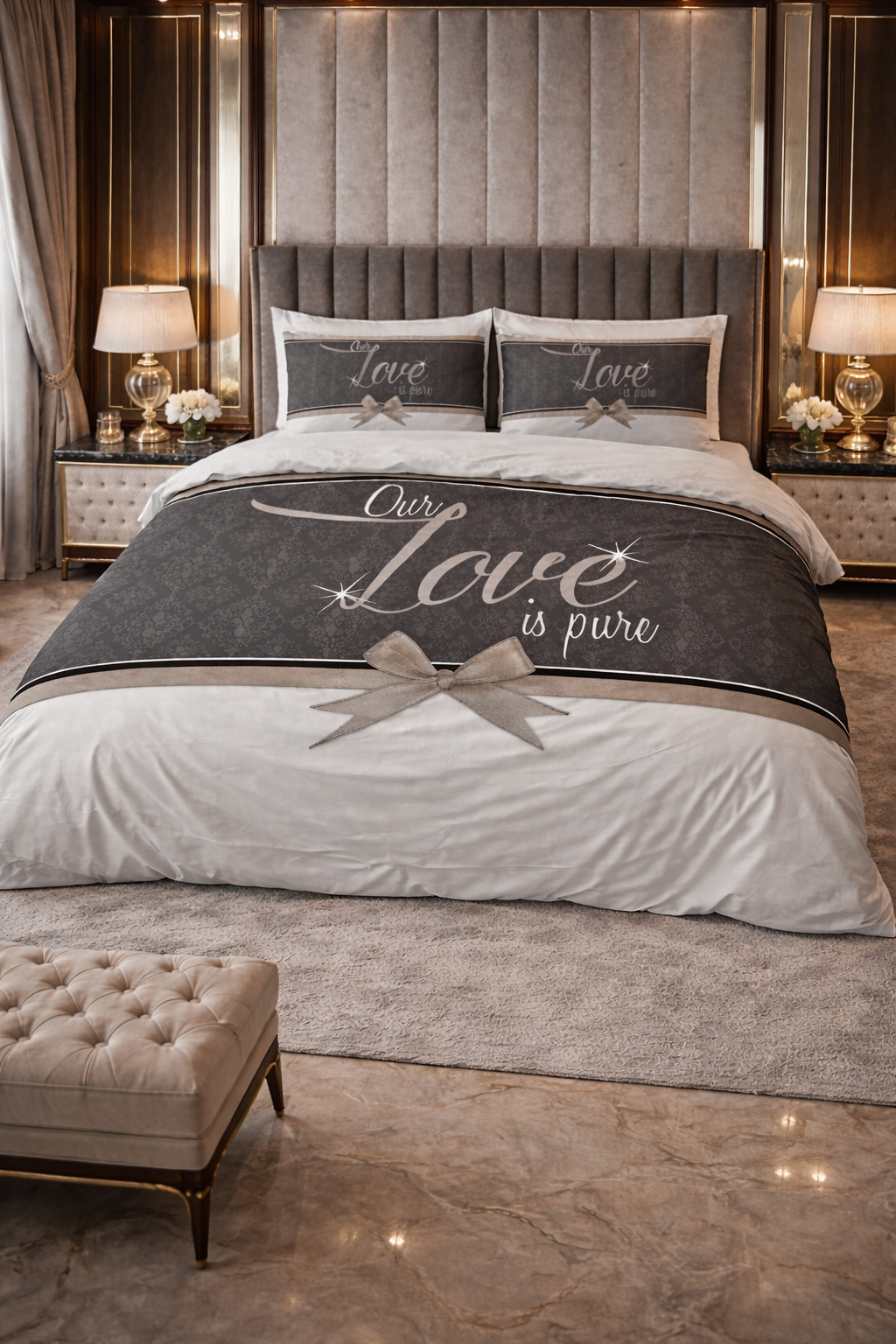 Lenjerie de pat Sleeptime, 1x husa pilota 200x200/220, 2x fete de perna 60x70, Microfibra 100%, Hipoalergenica, 90 GSM, model Essentials Pure Love White, imprimeu Print Digital, culoare Gri