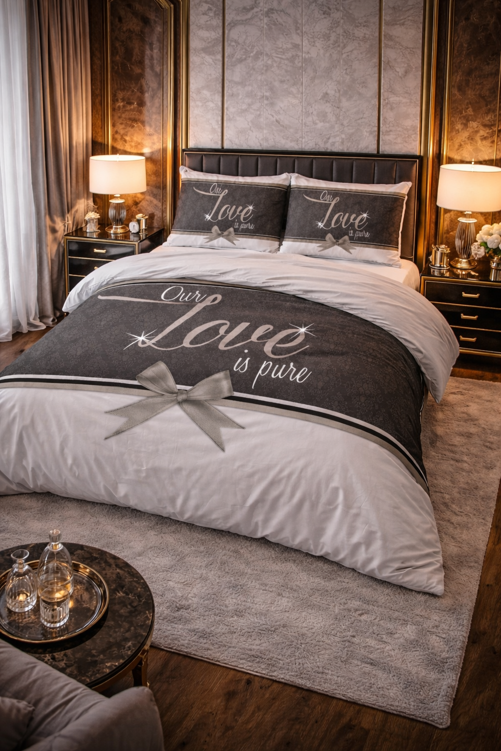 Lenjerie de pat Sleeptime, 1x husa pilota 140x200/220, 1x fete de perna 60x70, Microfibra 100%, Hipoalergenica, 90 GSM, model Pure Love White, imprimeu Digital, culoare Gri