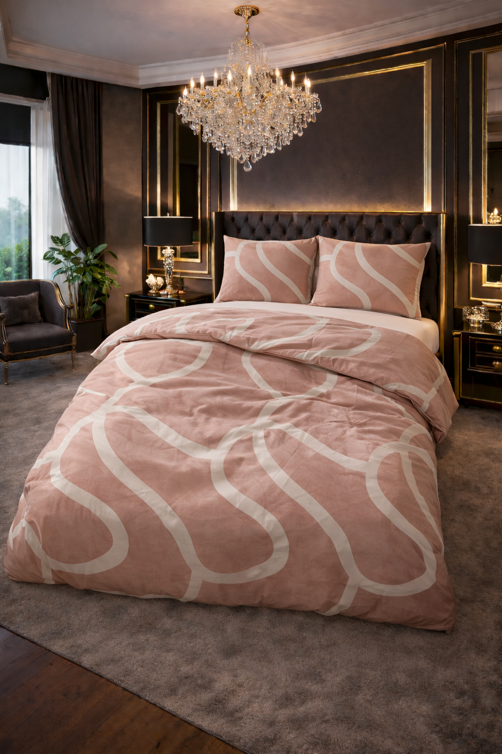 Lenjerie de pat Sleeptime, 1x husa pilota 140x200/220, 1x fete de perna 60x70, Bumbac 100%, Hipoalergenica, 128T, model Pure Clay Contours Peach Brown, culoare Maro