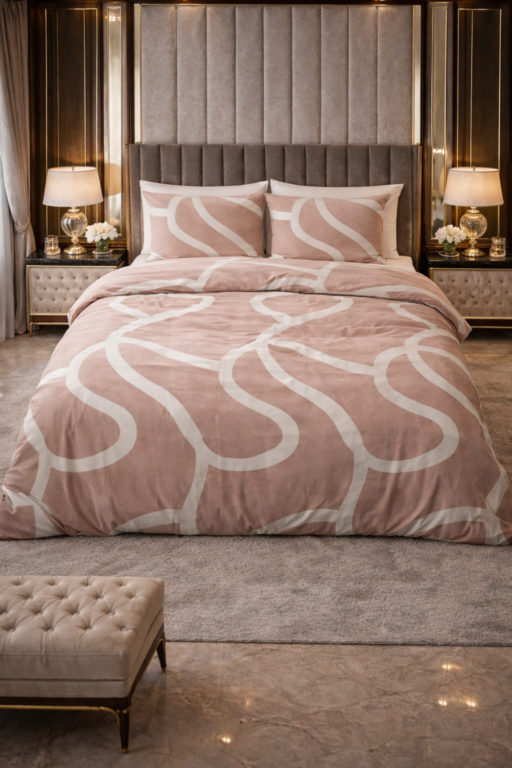 Lenjerie de pat Sleeptime, 1x husa pilota 140x200/220, 1x fete de perna 60x70, Bumbac 100%, Hipoalergenica, 128T, model Pure Clay Contours Peach Brown, culoare Maro