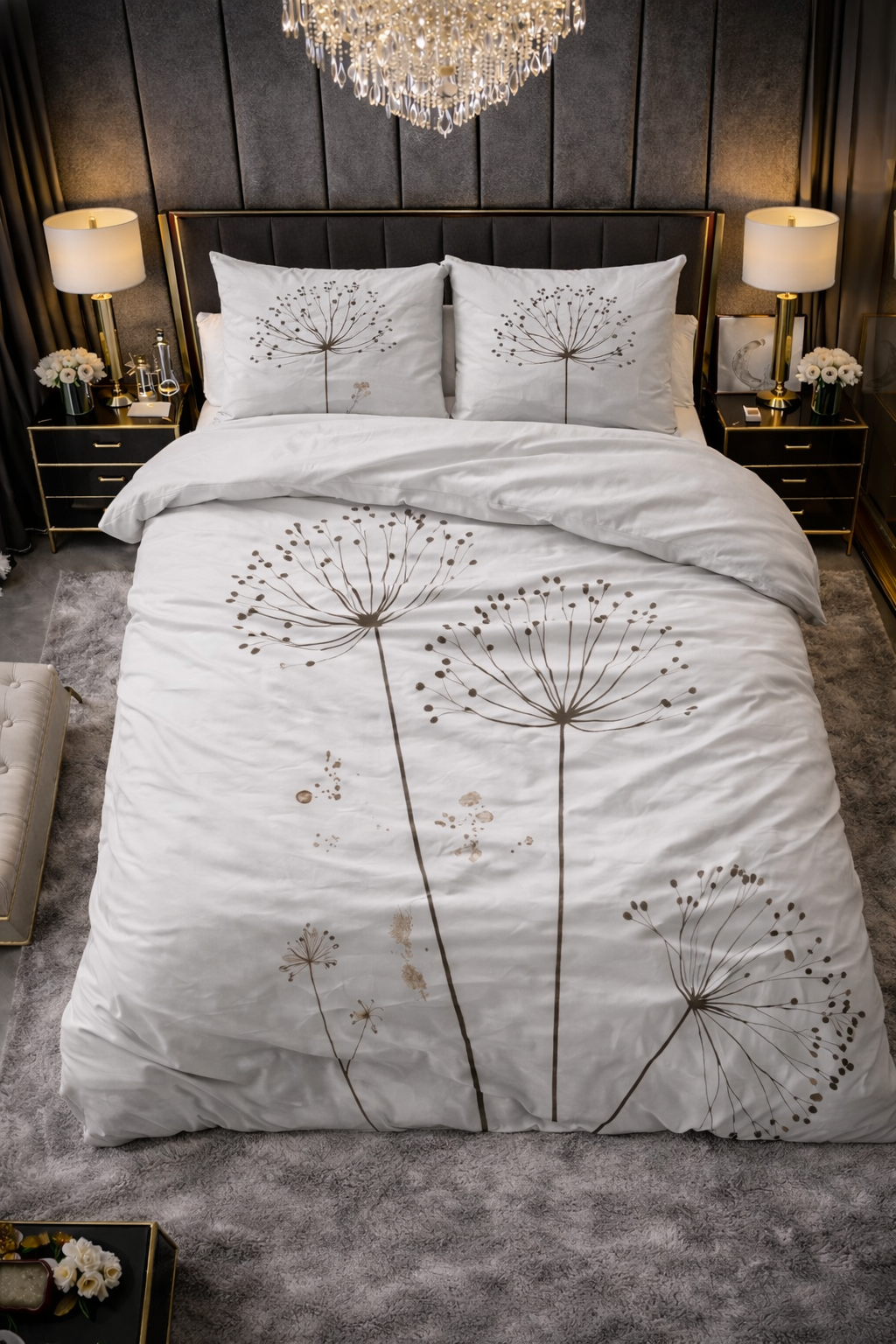 Lenjerie de pat Sleeptime, 1x husa pilota 200x200/200, 2x fete de perna 60x70, Microfibra 100%, Hipoalergenica, 90 GSM, model Essentials Light Spring White, imprimeu Print Digital, culoare Alb